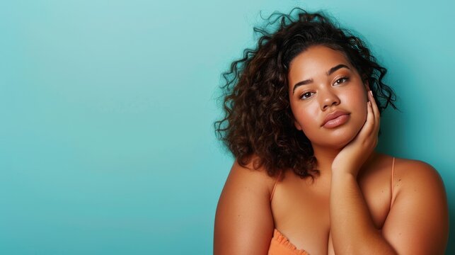 Young beautiful dark woman with natural makeup on a blue background. Beauty and skin care concept. Plus size model.
