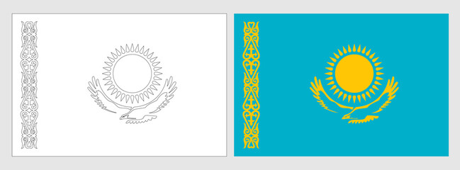 Kazakhstan flag - coloring page. Set of white wireframe thin black outline flag and original colored flag.