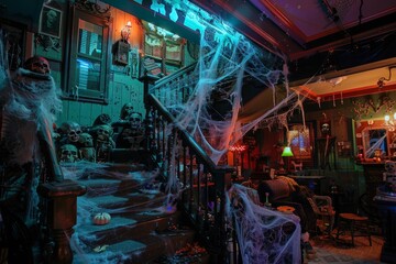 A living room adorned with Halloween decorations, featuring spider webs, skeletons, and an eerie atmosphere