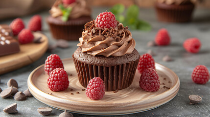 Chocolate cupcake with raspberries on a wooden plate, sprinkled with chocolate shavings, elegant...