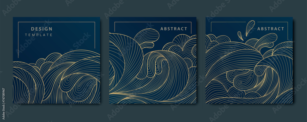 Wall mural vector sea waves japanese posters, patterns. line oriental ornament, art deco golden on black backgr