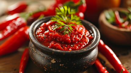 A bowl of red pepper sauce with a sprig of rosemary on top. The bowl is on a wooden table with a few other items, including a pepper and a spoon