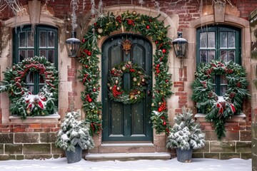 Fototapeta na wymiar A green door decorated with festive Christmas wreaths and garlands