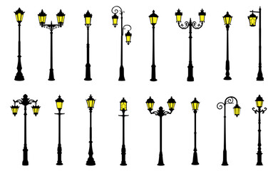 lit old street lamps on the white background