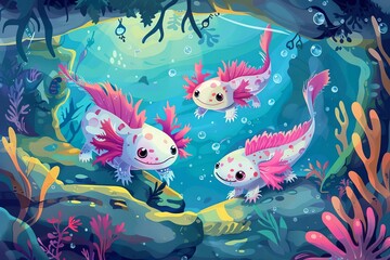 Fototapeta na wymiar Cute Axolotl Friends Adorable Aquatic Salamanders Playing in a Vibrant Underwater Scene, Children's Book Style Illustration