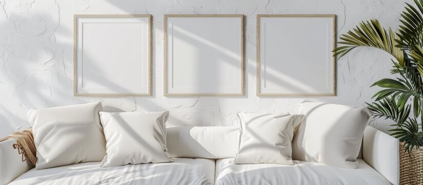 Mockup of three empty photo frames on a white textured wall