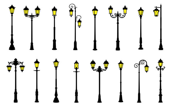 lit old street lamps on the white background