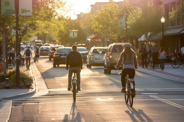 Two people are seen riding bicycles down a bustling urban street