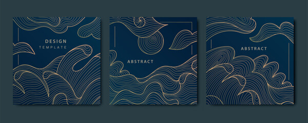 Vector sea waves japanese posters, patterns. Line oriental ornament, art deco golden on black backgrounds. Vintage style cards