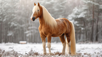 Obraz na płótnie Canvas A red Haflinger horse with a white mane in the snow forest 