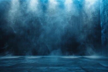 Dark Blue Abstract Interior, Empty Cement Wall Studio Room with Floating Smoke and Lights