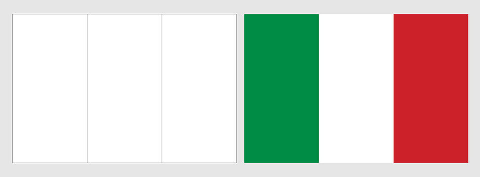 Italy flag - coloring page. Set of white wireframe thin black outline flag and original colored flag.