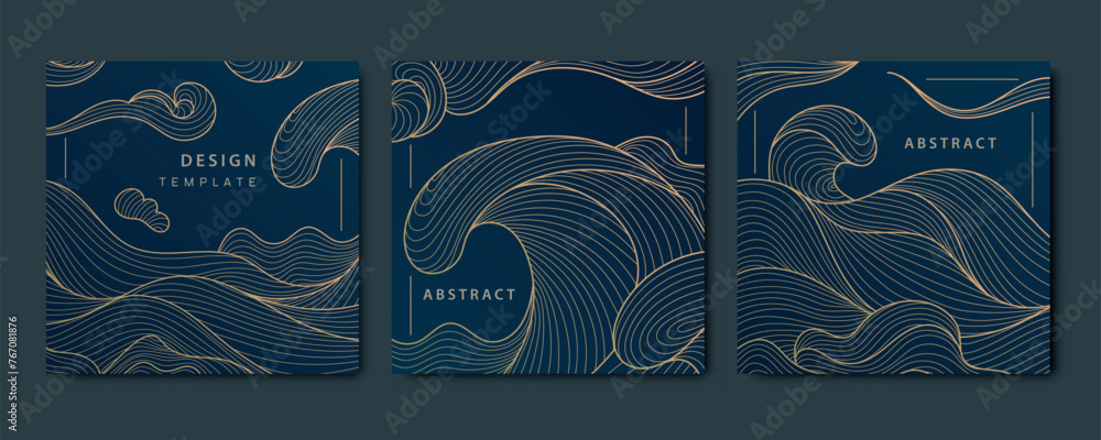 Canvas Prints vector sea waves japanese posters, patterns. line oriental ornament, art deco golden on black backgr