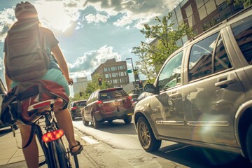 A person is riding a bike on a bustling city street, surrounded by buildings and traffic - obrazy, fototapety, plakaty