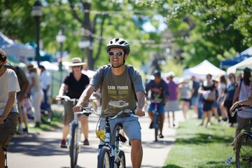 A man cycles down a street next to a group of people, demonstrating sustainable transportation at a community event
