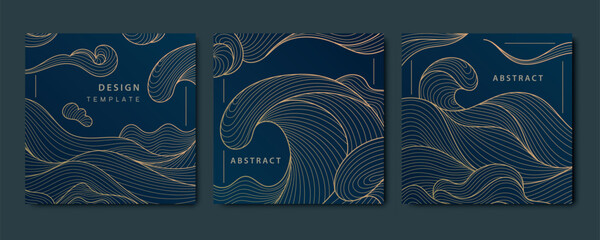 Vector sea waves japanese posters, patterns. Line oriental ornament, art deco golden on black backgrounds. Vintage style cards - 767081876