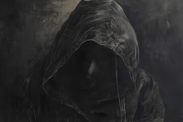 Dark, moody portrait of a mysterious hooded figure, charcoal drawing
