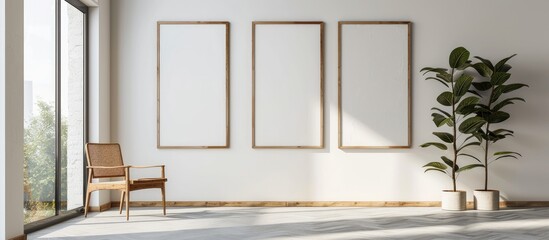 Three large wooden frame mockups in sizes 50x70, 20x28, A3, and A4 displayed on a white wall for poster mockups. The frames have a clean, modern, and minimal design,