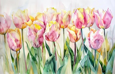 Delicate pink and yellow tulips in full bloom, spring floral arrangement, watercolor painting