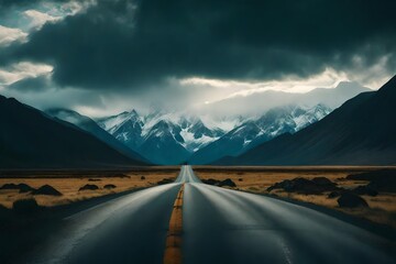 Traveling on a deserted road and observing the distant mountains and overcast sky from the windshield of a front-wheel drive vehicle