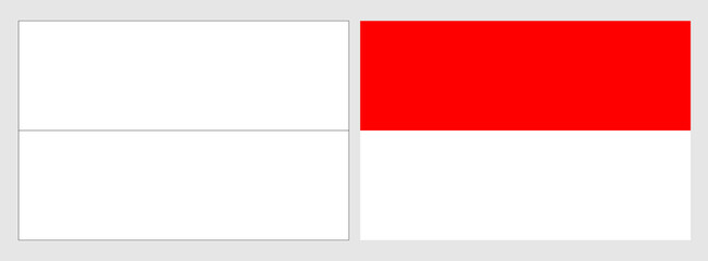 Indonesia flag - coloring page. Set of white wireframe thin black outline flag and original colored flag.