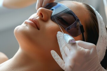 Professional Aesthetician Performing Laser Hair Removal on Female Client's Face at Modern Clinic - obrazy, fototapety, plakaty