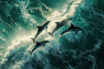 Dolphins leaping out of the ocean, photographed from above, digital painting - obrazy, fototapety, plakaty