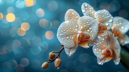 Elegant orchid flowers with water droplets on a bokeh background.