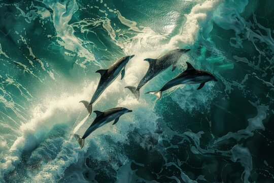 Dolphins leaping out of the ocean, photographed from above, digital painting