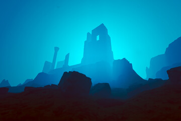 Obraz premium Enigmatic Ancient Ruins Standing Majestically Against a Serene Blue Gradient Sky