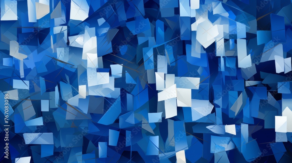 Poster abstract dark blue and white geometric pattern with chaotic squares and rectangles background