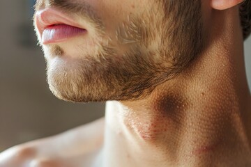 Obraz premium Close up of a Young Man's Jawline and Neck with Natural Light Illuminating Skin Texture, Facial Hair, and Adam's Apple