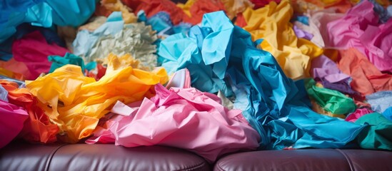 An Artful arrangement of electric blue and magenta tissue paper petals sits on the couch, creating...