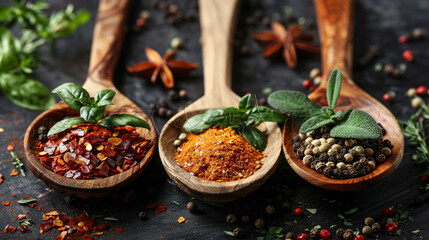 Assorted spices in wooden spoons with fresh herbs on a dark textured background.