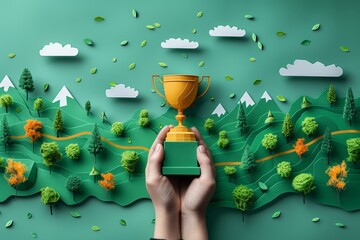 A trophy at the end of a winding road on an infographic, representing the journey to business success through passion  - obrazy, fototapety, plakaty