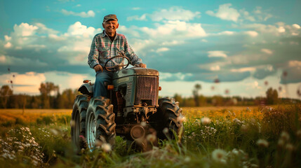 Fototapeta premium Farmer, man on a tractor in the middle of a field. 