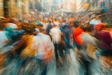 Dynamic crowd of people in a busy public place, motion blur effect, abstract photo