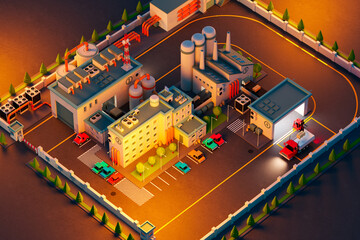 Twilight over Stylized Isometric Industrial Complex with Vibrant Colors