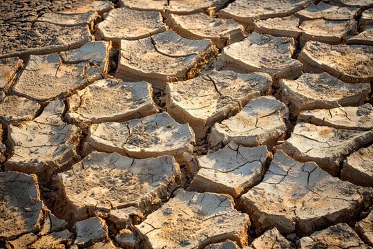 Dry, Cracked Earth Texture in Arid Desert Landscape, Abstract Photo Background