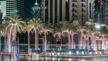 Dubai city night illumination traffic road junction timelapse uae