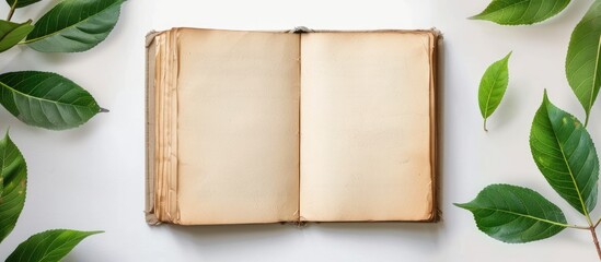 Sketchbook with blank pages against a white backdrop, with an open rustic notepad and green leaves on a table from a bird's eye view, providing space for text or ads.