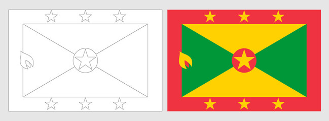 Grenada flag - coloring page. Set of white wireframe thin black outline flag and original colored flag.