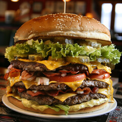 Massive hamburger with lettuce, cheese, bacon, tomato and beef. 