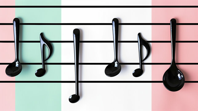 Music staff with music notes made of black kitchen utensils on a pastel background. Music background. Minimal food idea. Product promotion and advertisement