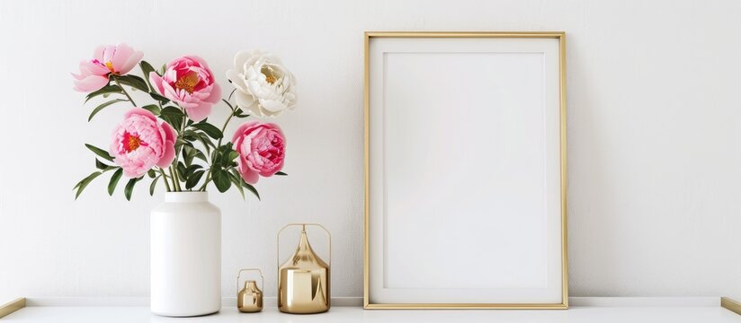 Gold frame placeholder, along with a white wall featuring a gold vase and peonies setting.