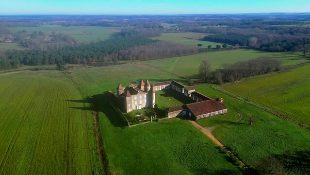 Aerial view Chateau of Gabardan, 12th and 14th century fiefdom of Gaston Phebus and Jeanne d'Albret, Escalans, Landes, France. High quality 4k footage