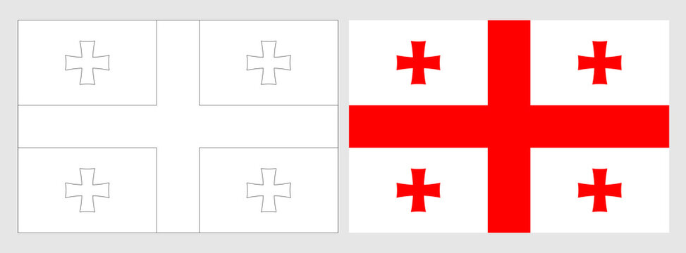 Georgia flag - coloring page. Set of white wireframe thin black outline flag and original colored flag.