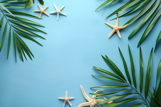 summer background vacation,  Flat lay photo seashell and starfish on blue wood table, Holiday travel background, coconut and palm leaves, summer background, Generative Ai