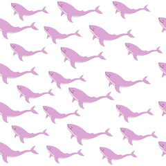 Cute cartoon illustration with lilac whale on a white background seamless pattern. T-shirt art, pajamas print - 767084015