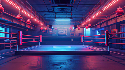 Fototapeta premium Boxing Ring In Arena, professional boxing arena in lights 3d rendering, Boxing Ring Spotlight Dark, floodlights vector design. Vector illumination, Generative Ai
